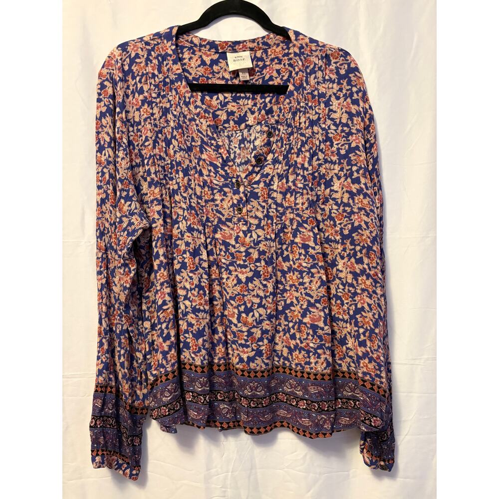 Knox Rose Pintuck Popover Top Blue Pink Floral Sz XL